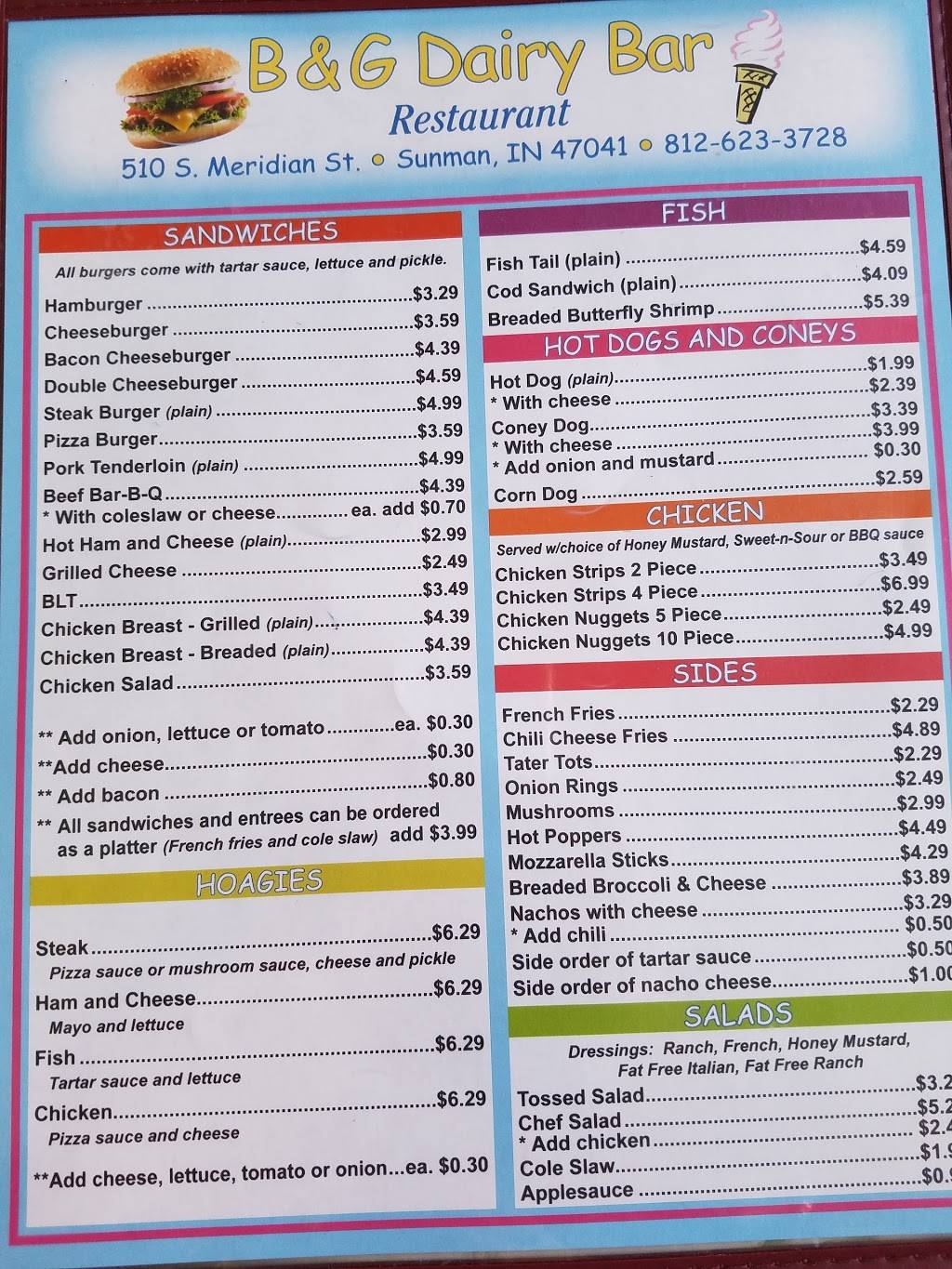 B & G Dairy Bar | restaurant | 510 S Meridian St, Sunman, IN 47041, USA | 8126233728 OR +1 812-623-3728