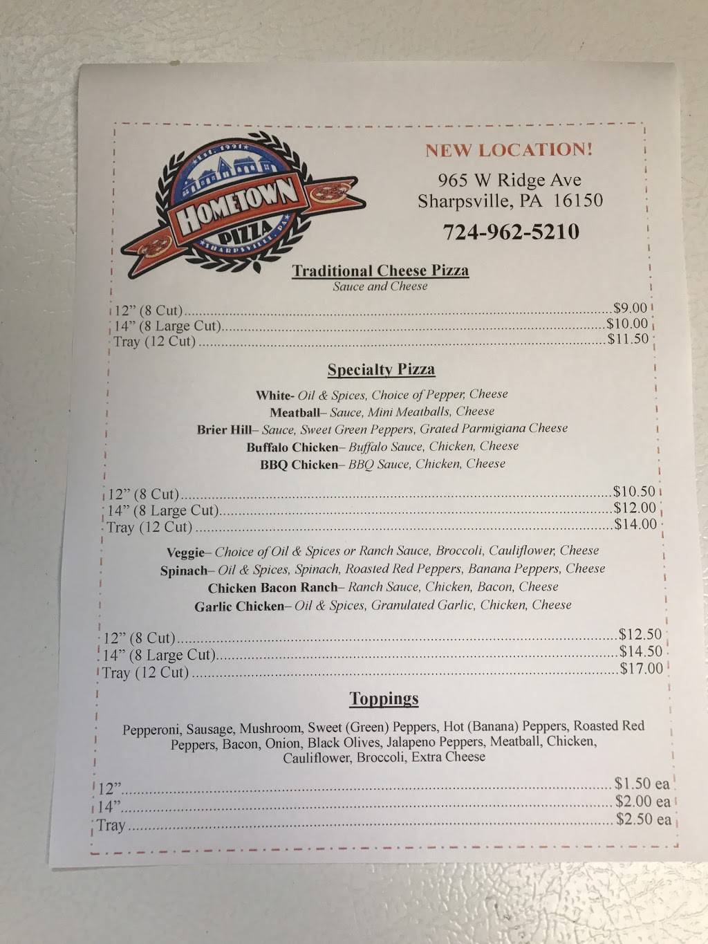 Hometown Homemade Pizza | restaurant | 965 W Ridge Ave, Sharpsville, PA 16150, USA | 7249625210 OR +1 724-962-5210