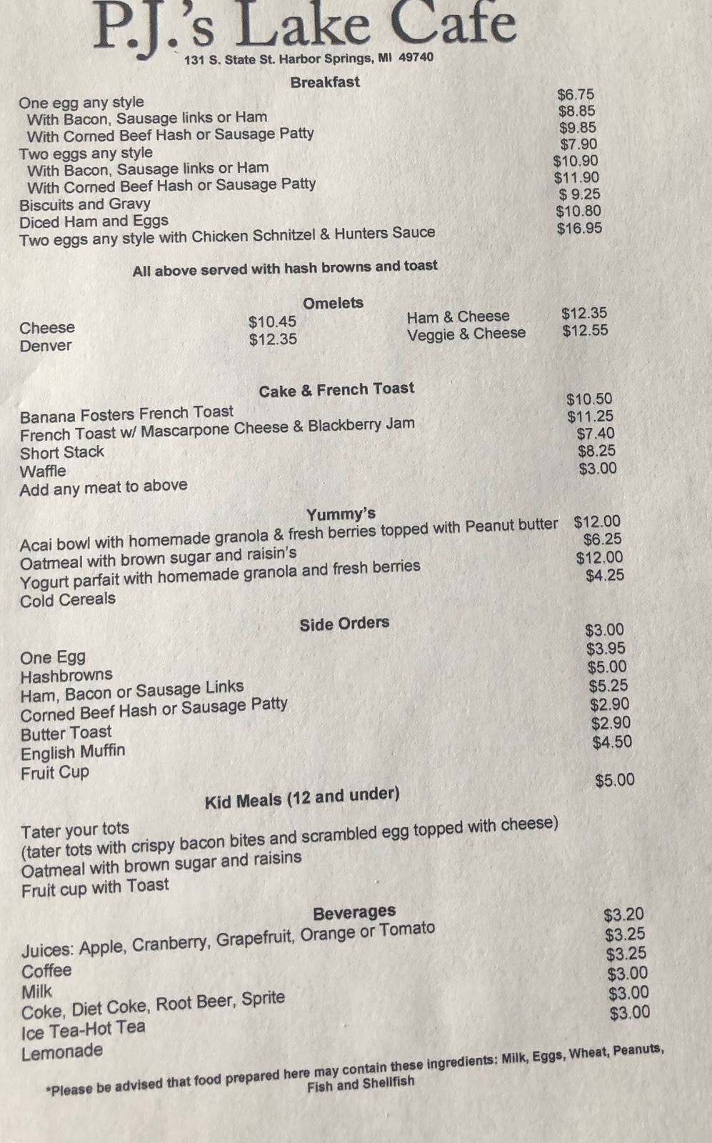 P.J.’s Lake Cafe | restaurant | 131 State St, Harbor Springs, MI 49740, USA | 2312424844 OR +1 231-242-4844