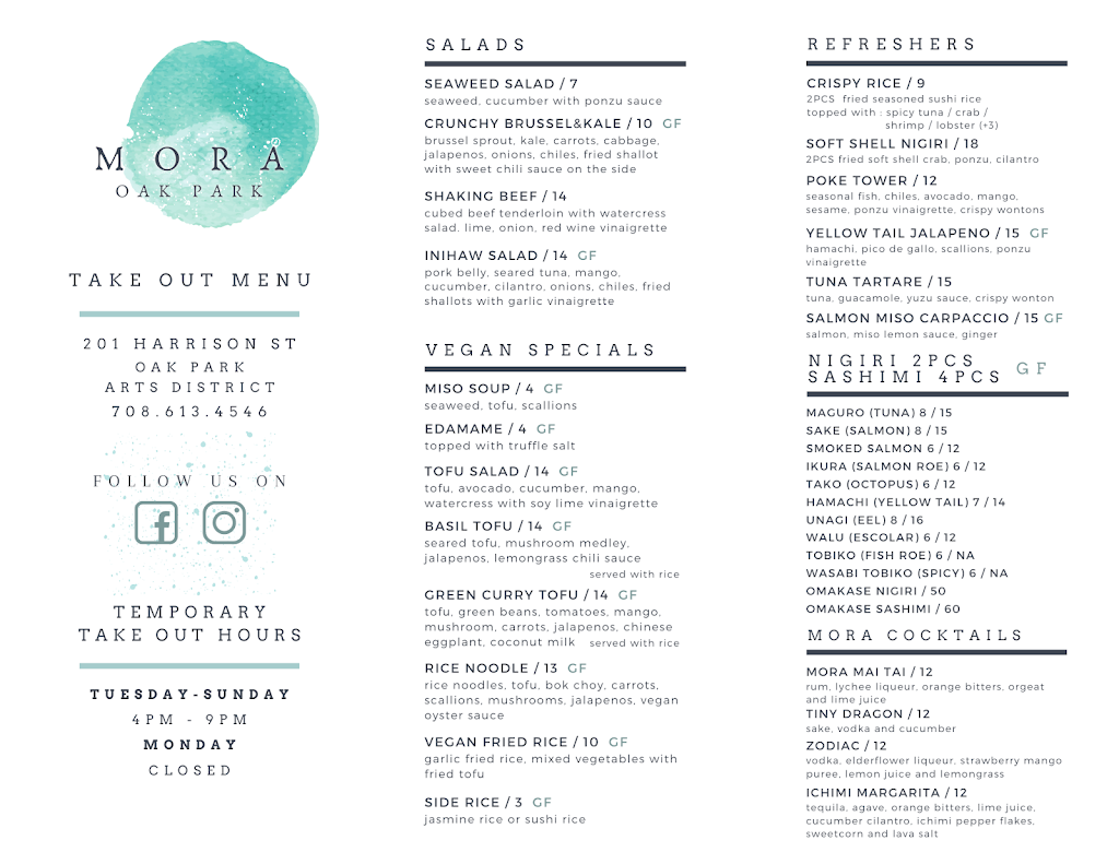 Mora Oak Park | restaurant | 201 Harrison St, Oak Park, IL 60304, USA | 7086134546 OR +1 708-613-4546