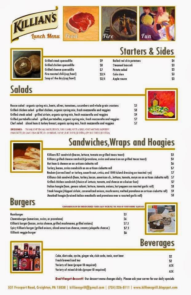 Killians Hardwood Grill | restaurant | 531 Freeport Rd, Creighton, PA 15030, USA | 7242268111 OR +1 724-226-8111