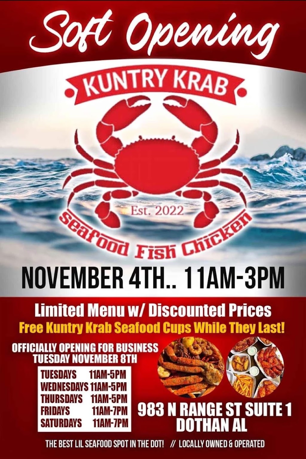 Kuntry Krab | restaurant | 983 N Range St Suite 1, Dothan, AL 36303, USA | 3346851485 OR +1 334-685-1485