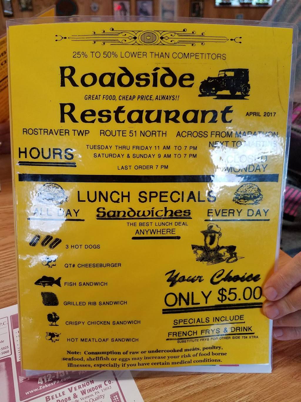 Roadside Restaurant | restaurant | 4995 PA-51, Belle Vernon, PA 15012, USA | 4125125835 OR +1 412-512-5835