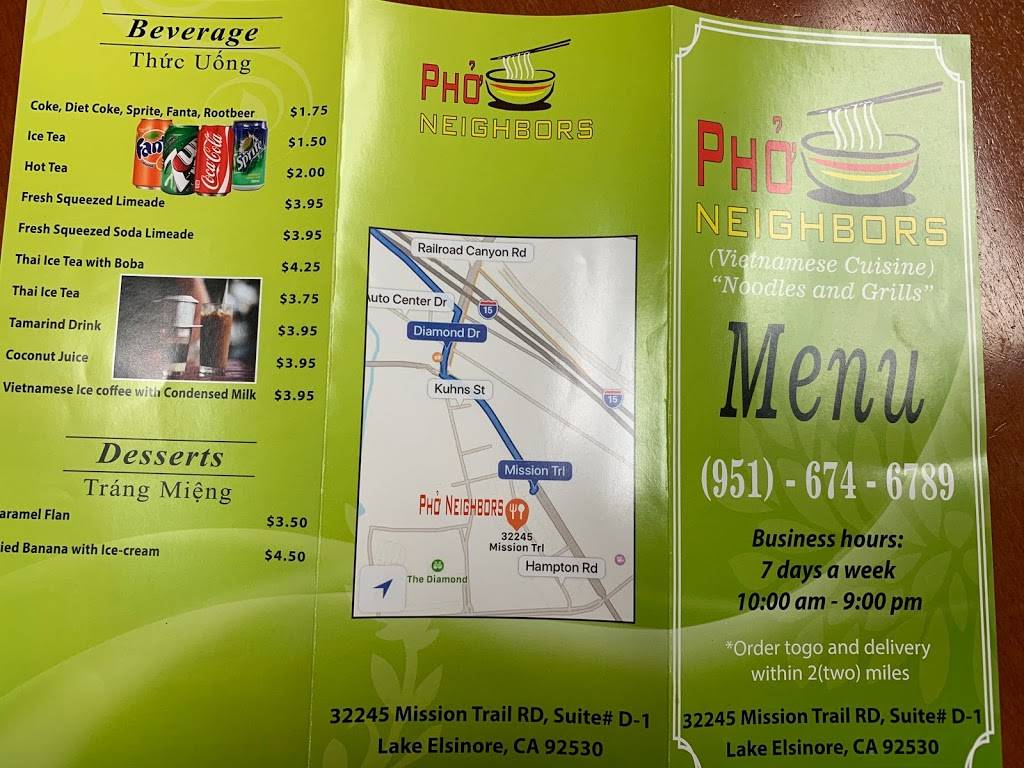 Pho Neighbors | restaurant | 32245 Mission Trail #D1, Lake Elsinore, CA 92530, USA | 9516746789 OR +1 951-674-6789