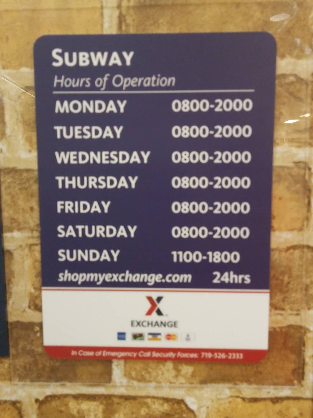 Subway | meal takeaway | AAFES Foodcourt, Martinez St Bldg 6110, Fort Carson, CO 80913, USA | 7195765661 OR +1 719-576-5661