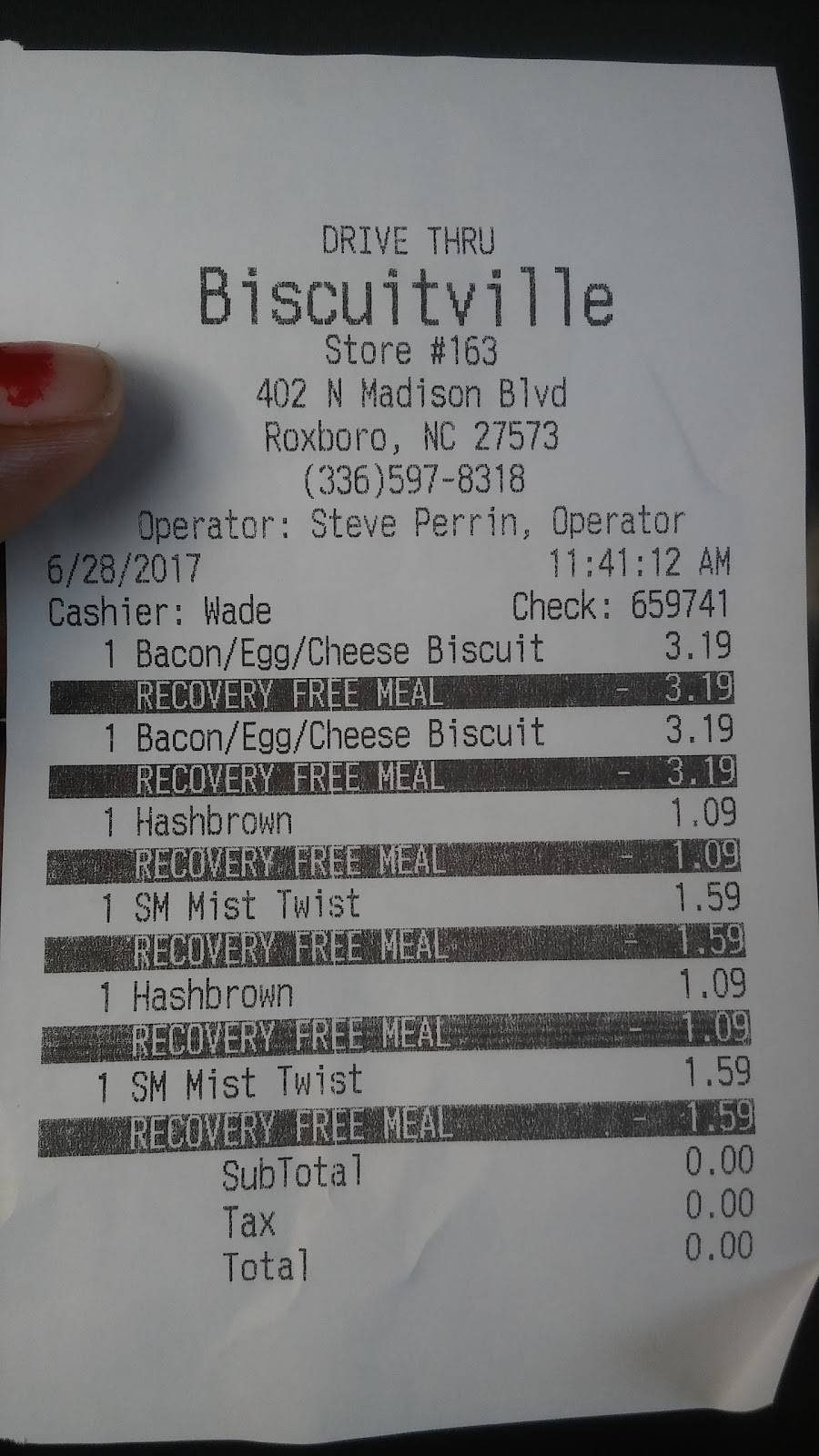 Biscuitville | cafe | 402 N Madison Blvd, Roxboro, NC 27573, USA | 3365978318 OR +1 336-597-8318