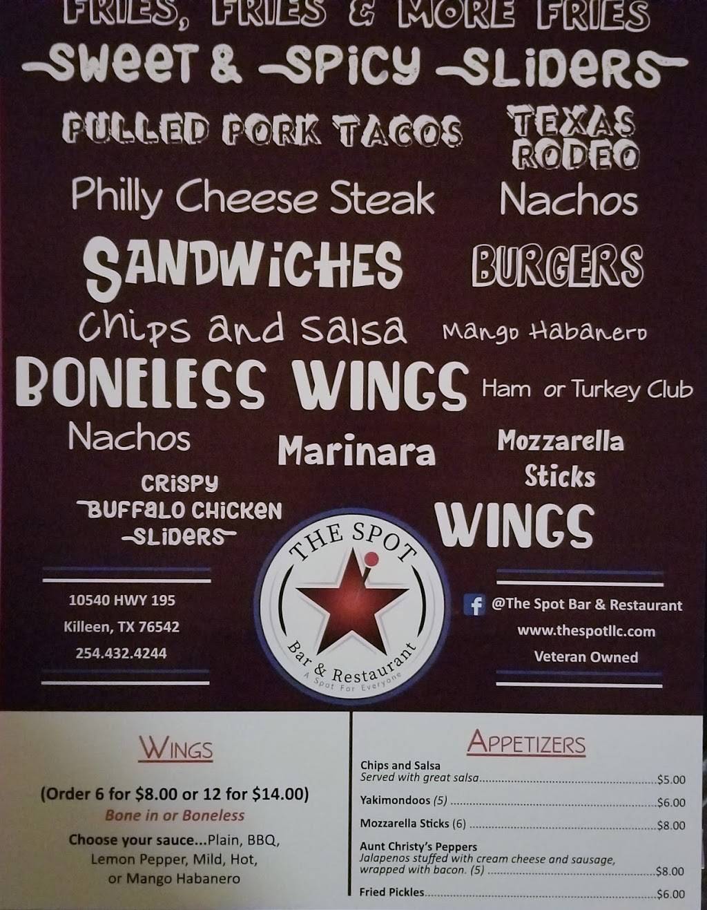 The Spot Bar and Restaurant | restaurant | 10540 TX-195, Killeen, TX 76542, USA | 2544324244 OR +1 254-432-4244