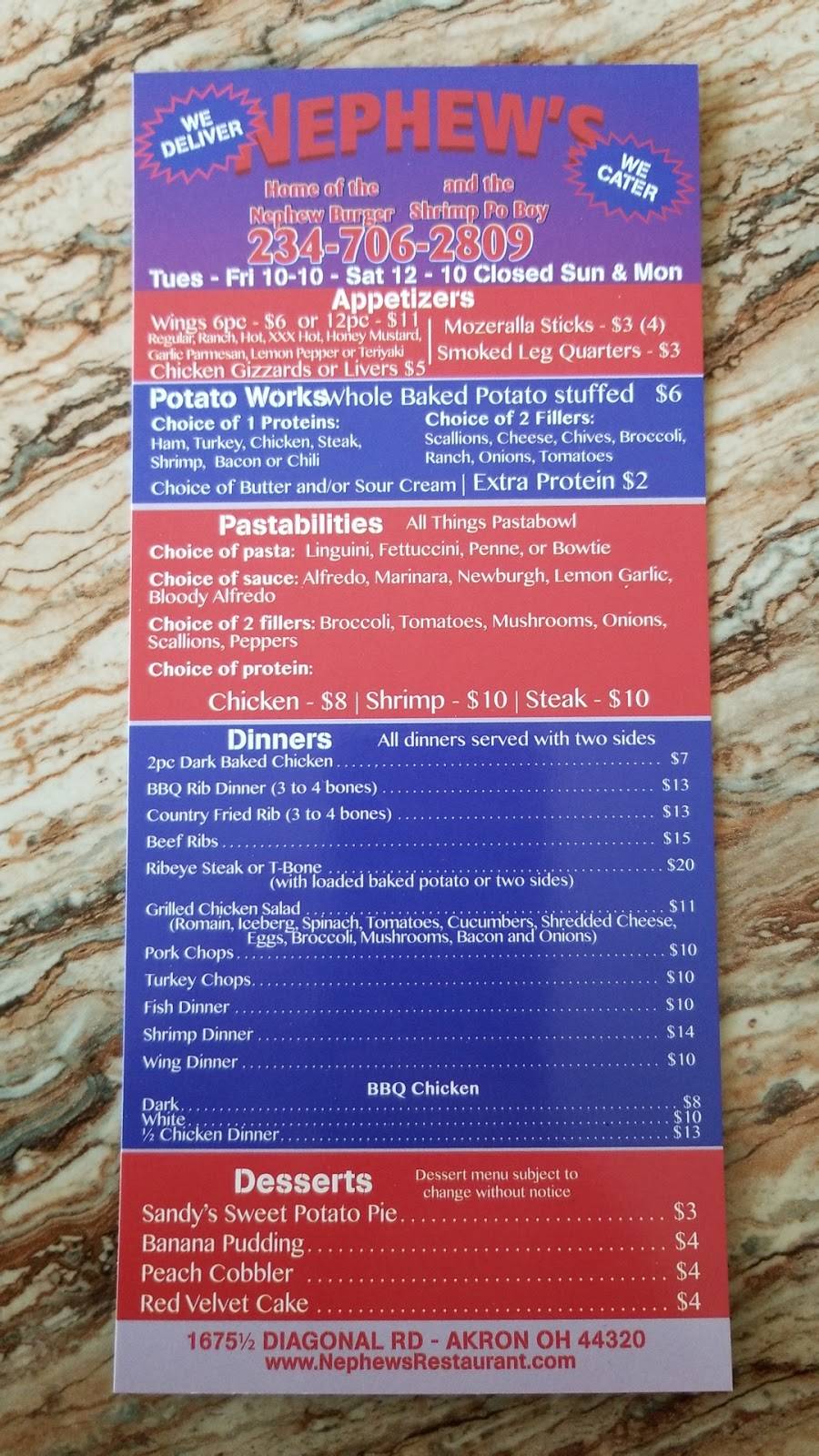 Nephews | restaurant | 1675 Diagonal Rd, Akron, OH 44320, USA | 2347062809 OR +1 234-706-2809