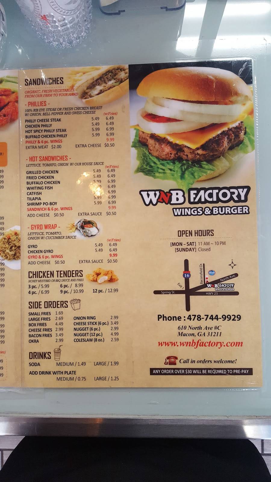 WNB Factory - Wings & Burger | restaurant | 4685 Presidential Pkwy #35, Macon, GA 31206, USA | 4782928631 OR +1 478-292-8631