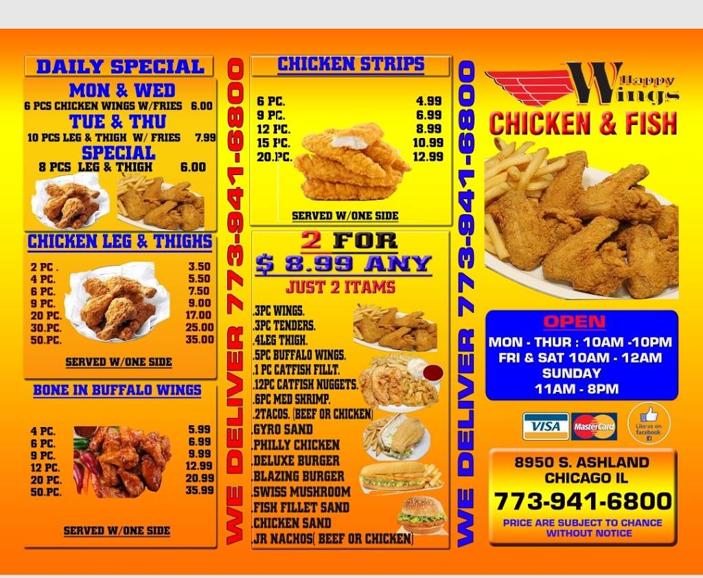 happy wings restaurant | meal takeaway | 8950 S Ashland Ave, Chicago, IL 60620, USA | 7739416800 OR +1 773-941-6800