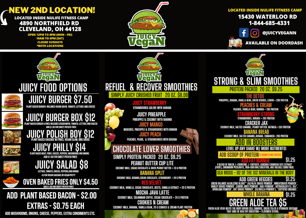 Juicy Vegan | restaurant | 15430 Waterloo Rd, Cleveland, OH 44110, USA | 8446854331 OR +1 844-685-4331