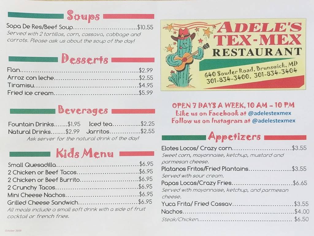 Adeles Tex-Mex | restaurant | 640 Souder Rd, Brunswick, MD 21716, USA | 3018343400 OR +1 301-834-3400