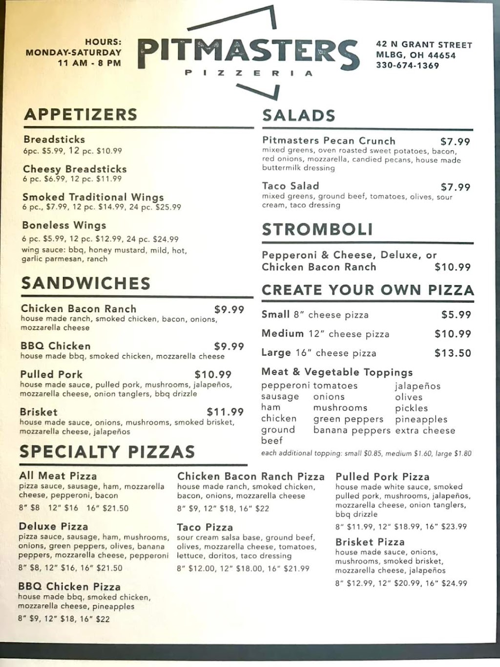 Pitmasters Pizzeria | restaurant | 42 N Grant St, Millersburg, OH 44654, USA | 3306741369 OR +1 330-674-1369