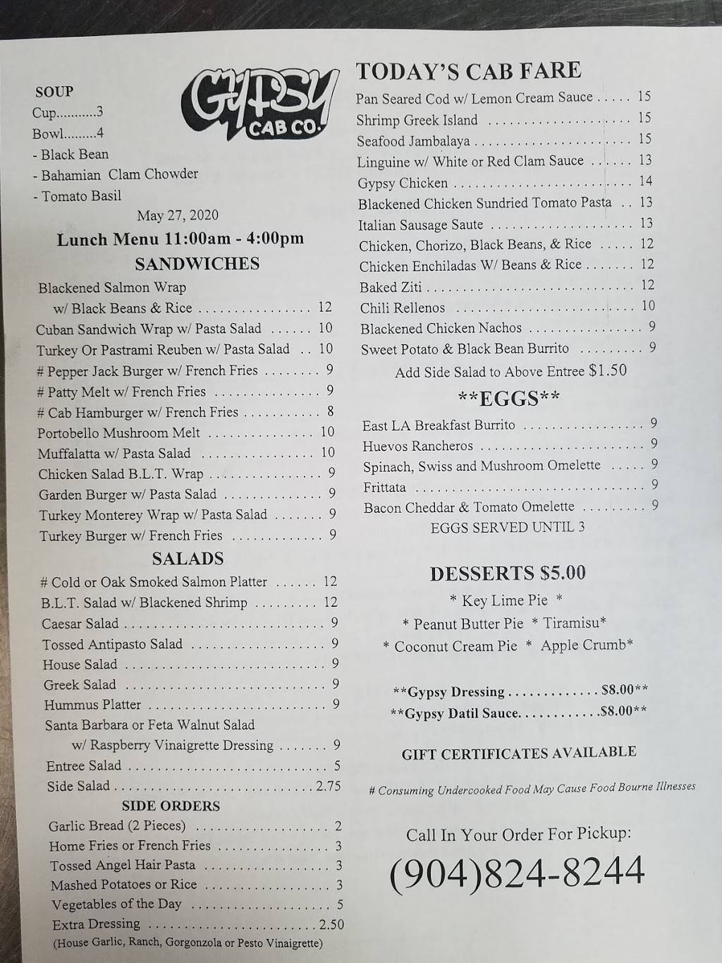 Gypsy Cab Company | restaurant | 828 Anastasia Blvd, St. Augustine, FL 32080, USA | 9048248244 OR +1 904-824-8244