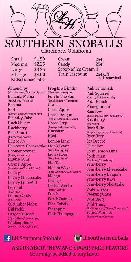 LH Southern Snoballs | restaurant | 714 W Will Rogers Blvd, Claremore, OK 74017, USA | 9182600487 OR +1 918-260-0487