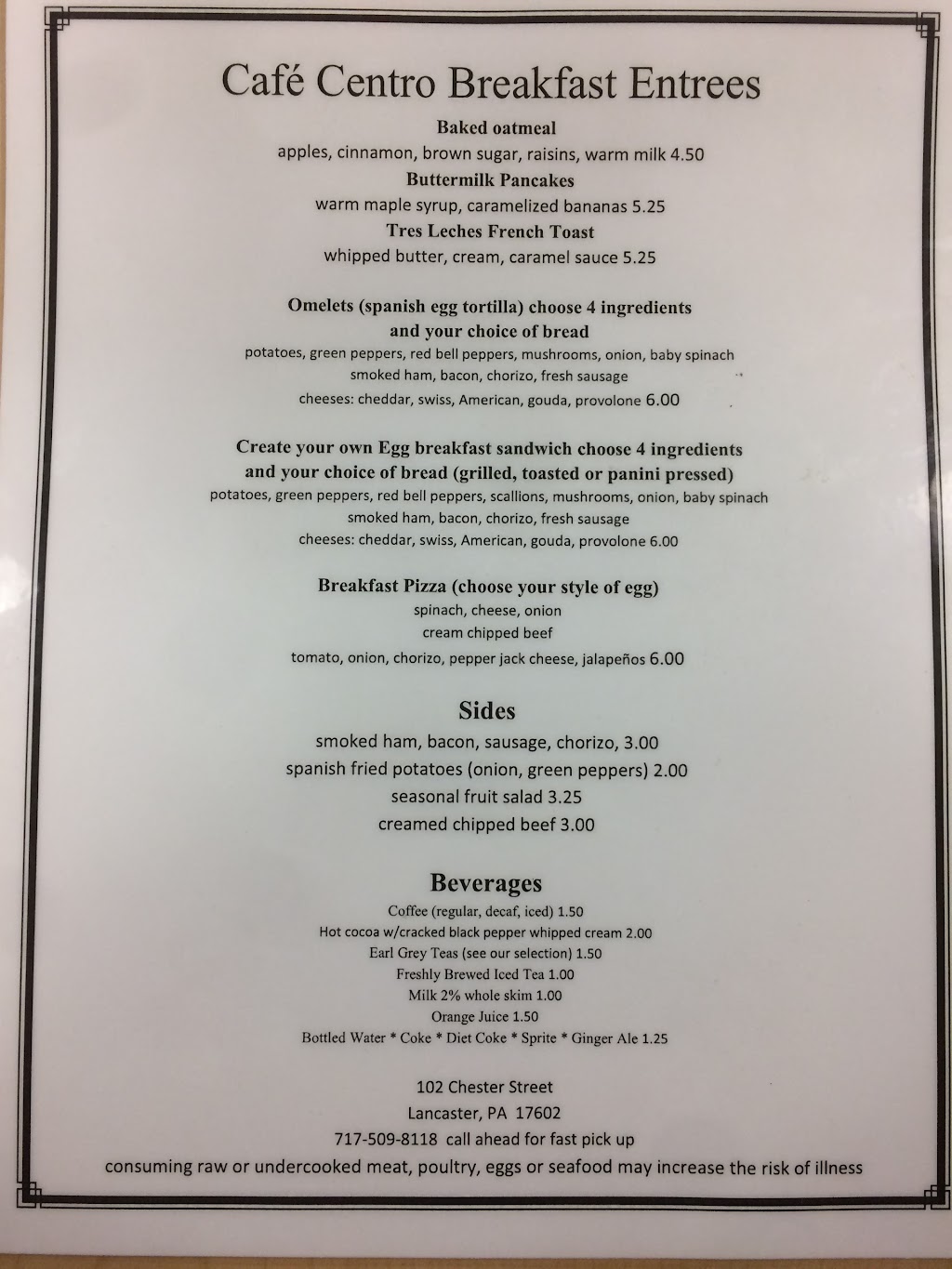 Cafe Centro | restaurant | 102 Chester St, Lancaster, PA 17602, USA | 7175098118 OR +1 717-509-8118