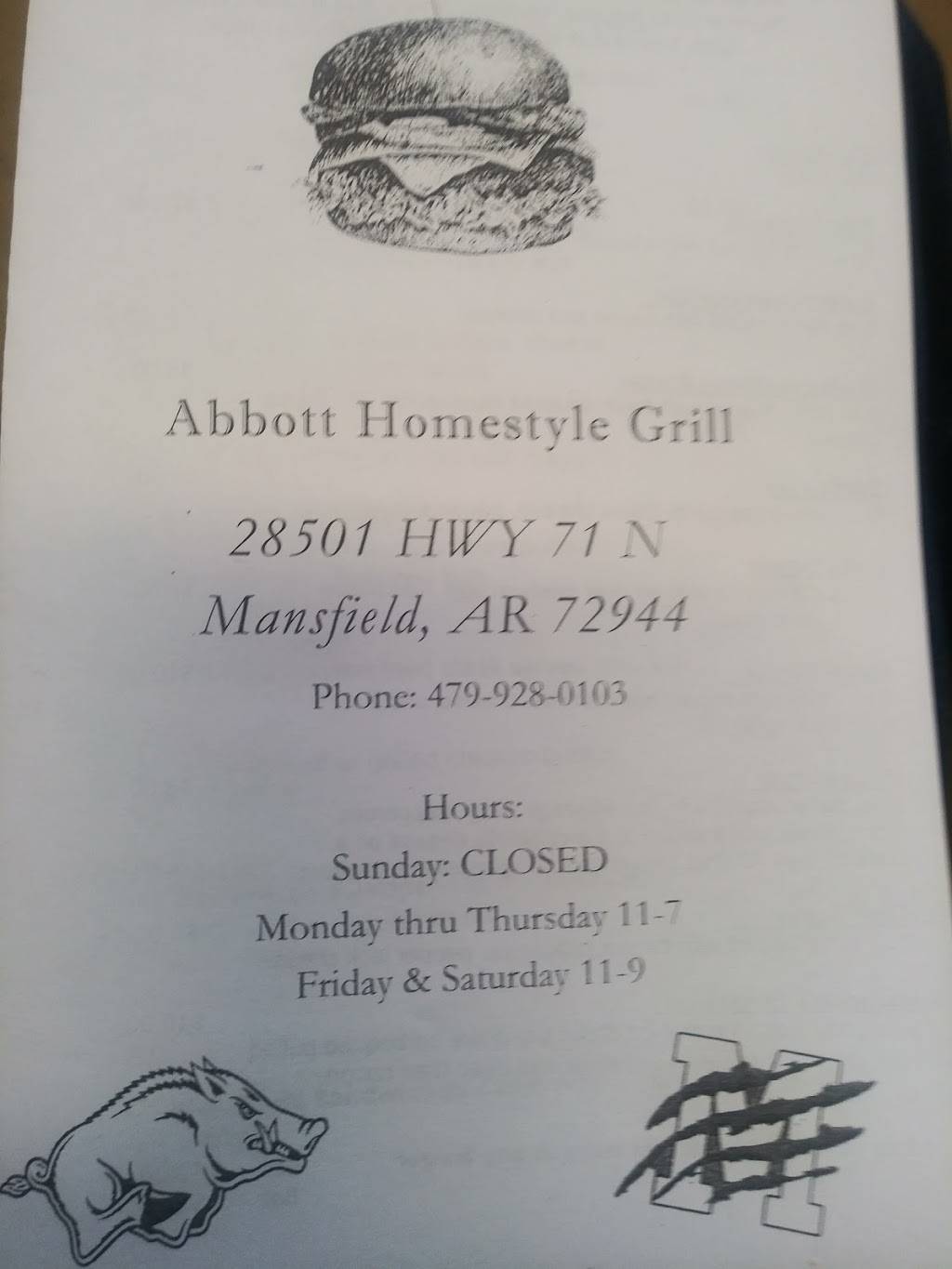 Abbott Homestyle Grill | restaurant | 28501 US-71, Mansfield, AR 72944, USA | 4799280103 OR +1 479-928-0103