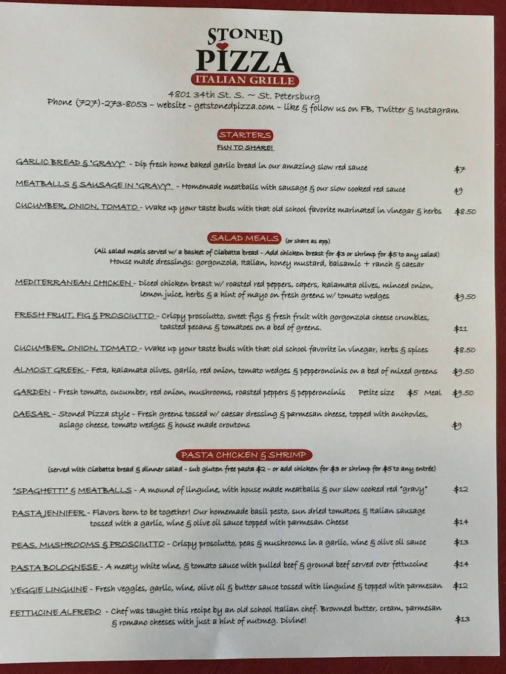 Stoned Pizza Italian Grille | restaurant | 4801 34th St S, St. Petersburg, FL 33711, USA | 7272738053 OR +1 727-273-8053