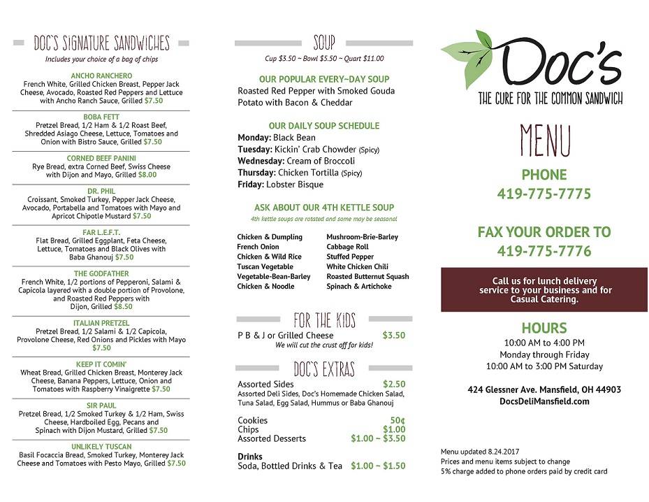 Docs Deli | restaurant | 424 Glessner Ave, Mansfield, OH 44903, USA | 4197757775 OR +1 419-775-7775