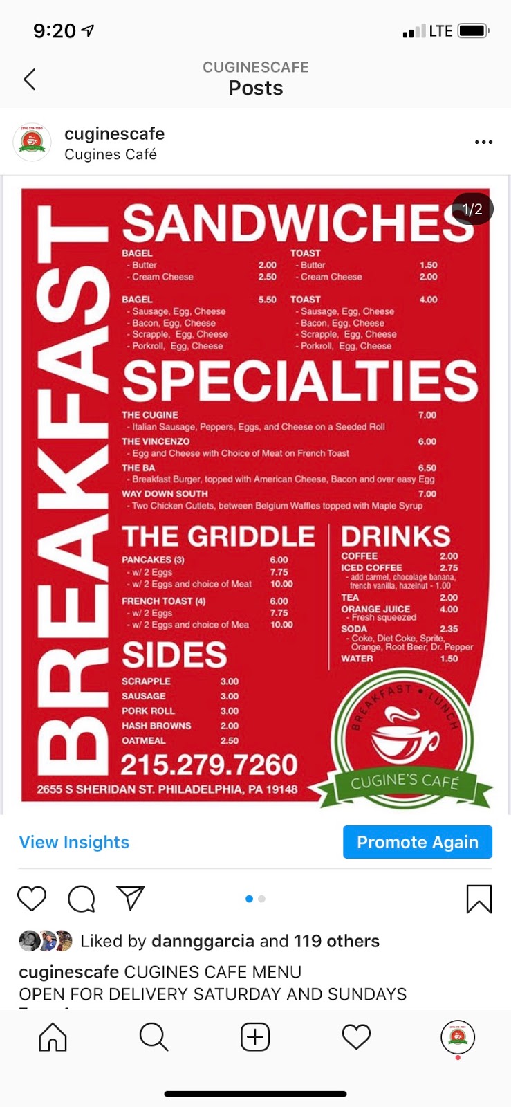 Cugines cafe | restaurant | 2655 S Sheridan St, Philadelphia, PA 19148, USA | 2152786461 OR +1 215-278-6461