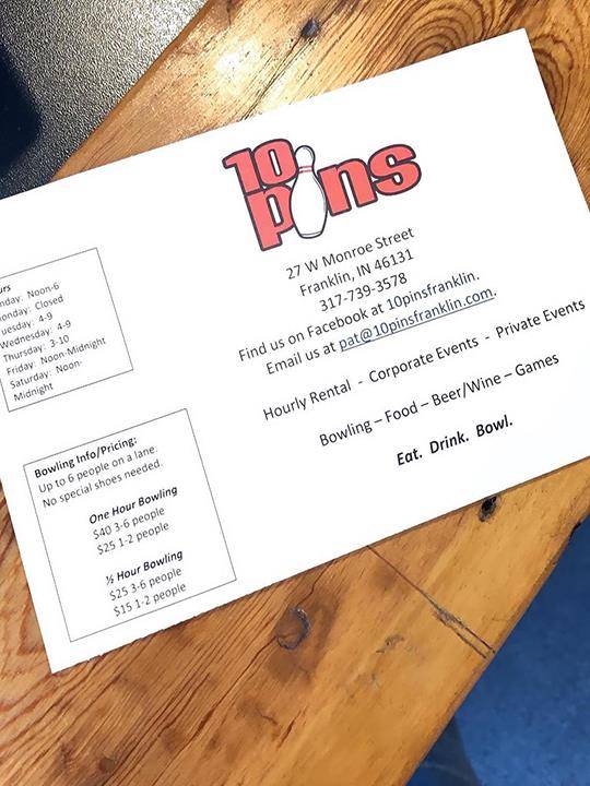 10 Pins | night club | 27 W Monroe St, Franklin, IN 46131, USA | 3177393578 OR +1 317-739-3578