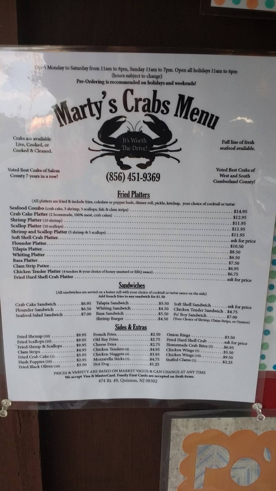 Martys Crabs | restaurant | 474 NJ-49, Bridgeton, NJ 08302, USA | 8564519369 OR +1 856-451-9369