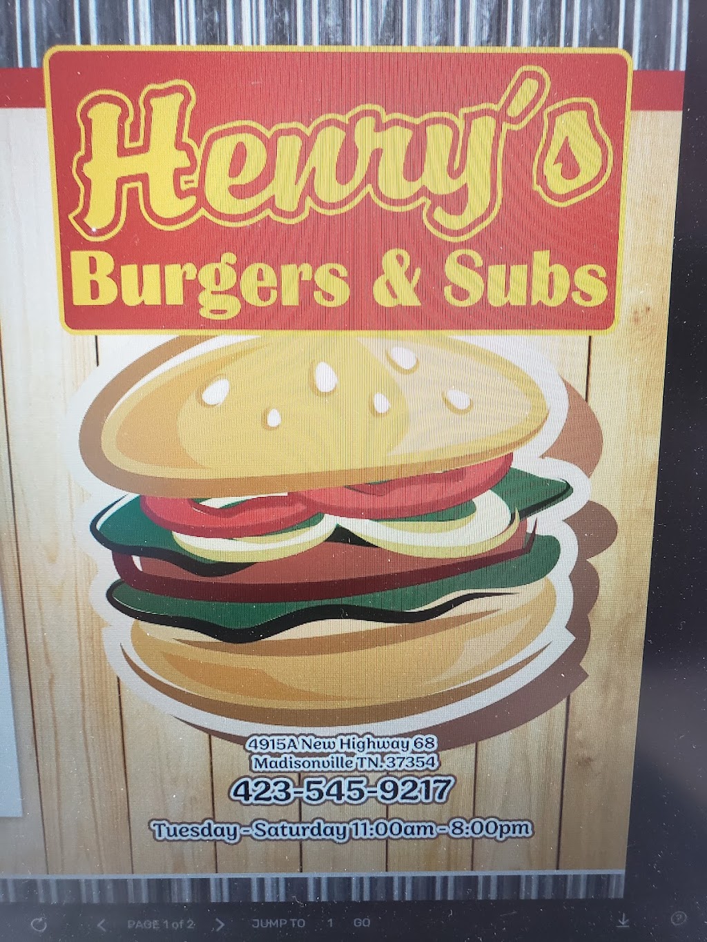 Henrys Burgers and Subs | restaurant | 4915 New Hwy 68, Madisonville, TN 37354, USA | 4235459217 OR +1 423-545-9217