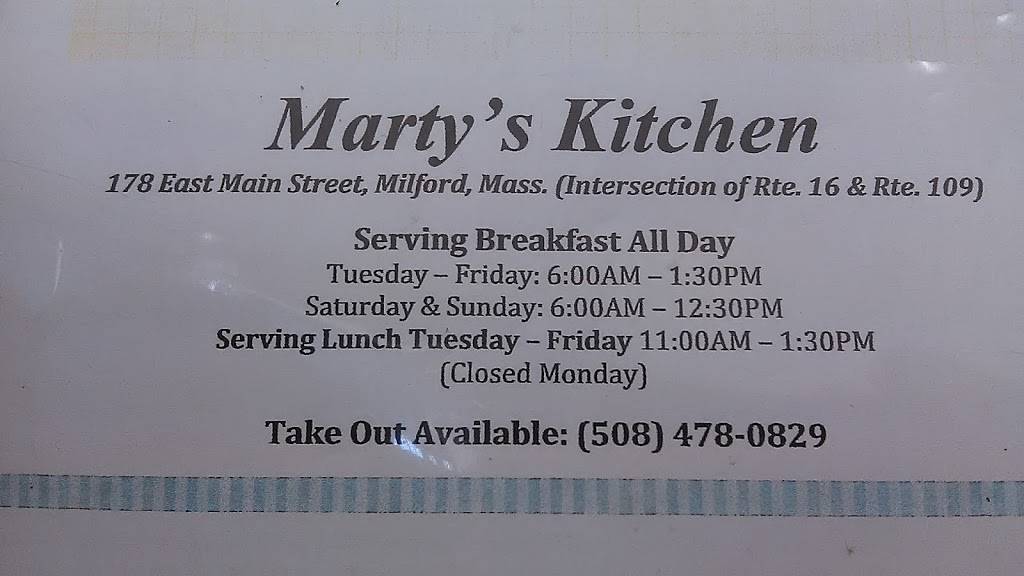 Martys Kitchen | restaurant | 178 E Main St # 7, Milford, MA 01757, USA | 5084780829 OR +1 508-478-0829