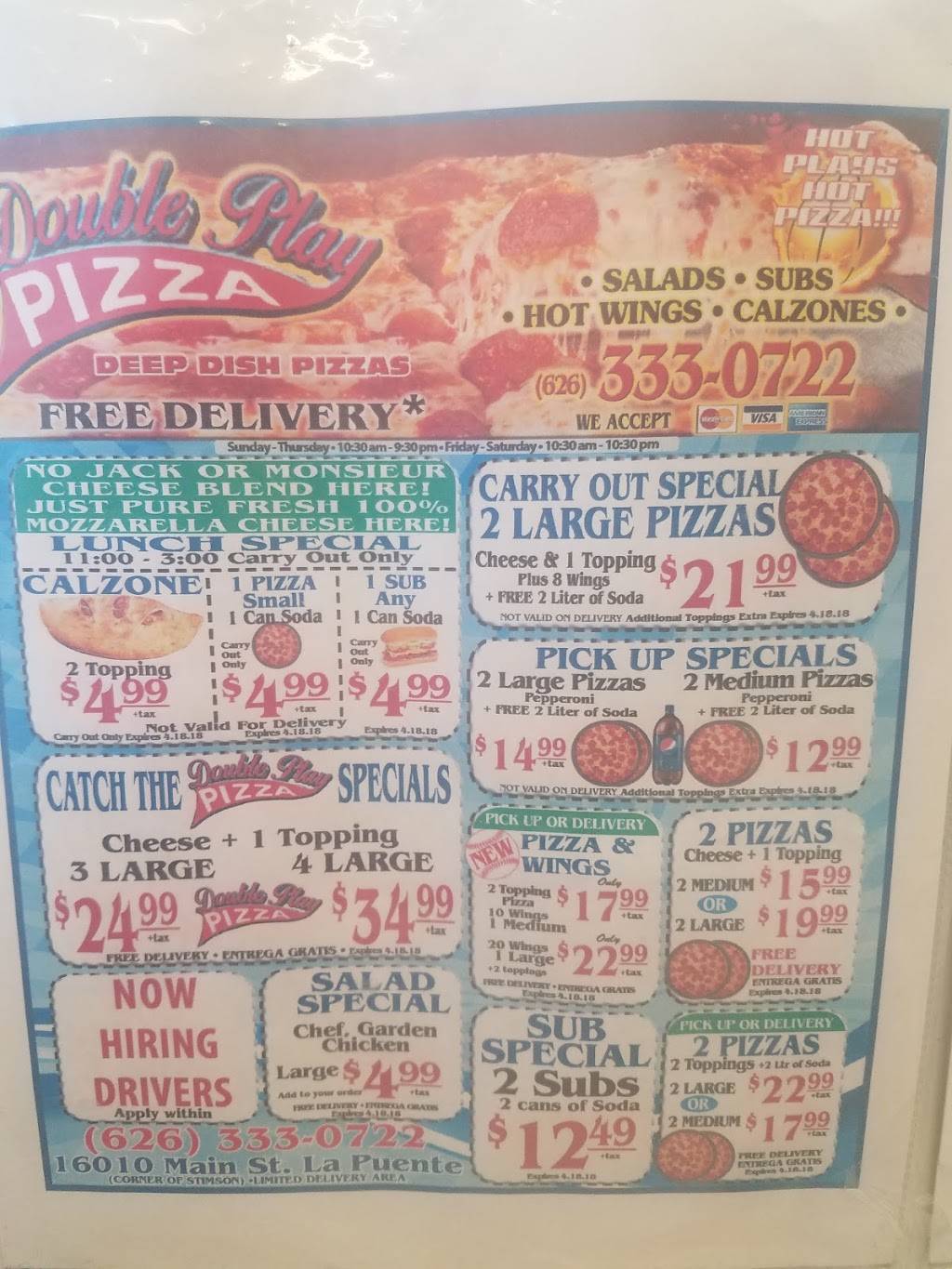 Double Play Pizza | meal takeaway | 16010 Main St, La Puente, CA 91744, USA | 6263330722 OR +1 626-333-0722