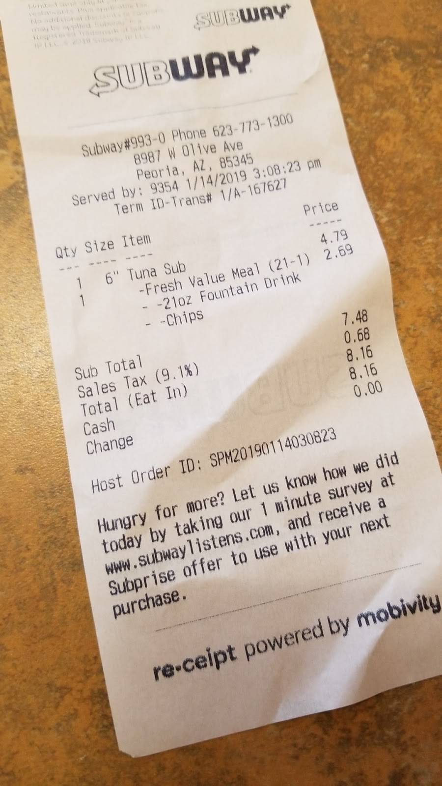 Subway | restaurant | 8987 West Olive Ave, Agua Fria Plaza Suite 132, Peoria, AZ 85345, USA | 6237731300 OR +1 623-773-1300