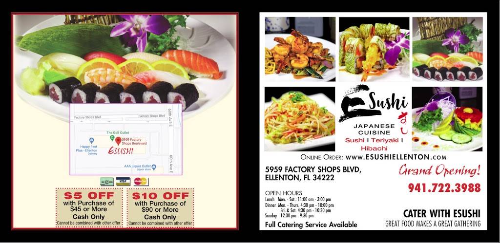 E Sushi Grill | restaurant | 5959 Factory Shops Blvd, Ellenton, FL 34222, USA | 9417223988 OR +1 941-722-3988