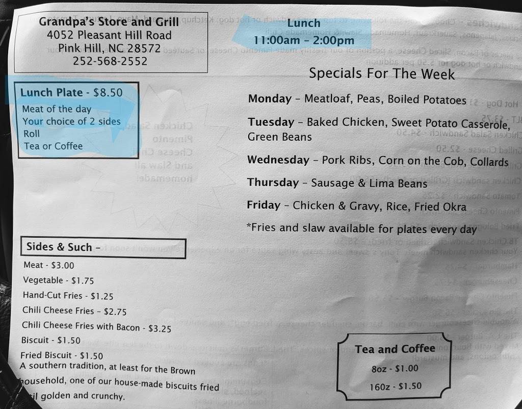 Grandpas Store & Grill | restaurant | 4052 W Pleasant Hill Rd, Pink Hill, NC 28572, USA | 2525682552 OR +1 252-568-2552