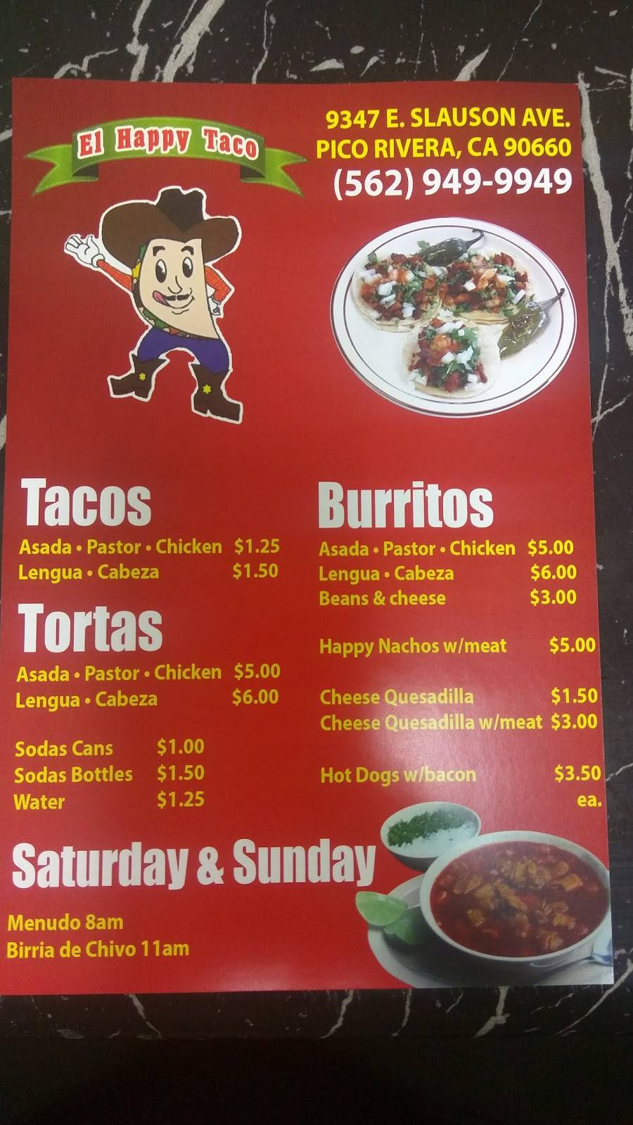 EL Happy Taco | restaurant | 9347 Slauson Ave, Pico Rivera, CA 90660, USA | 2133217229 OR +1 213-321-7229