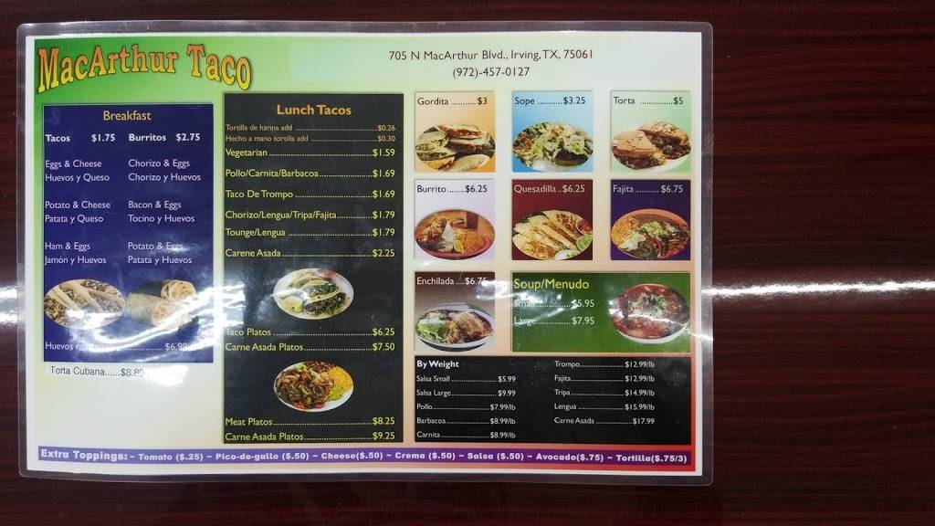 MacArthur Taco | restaurant | 705 N MacArthur Blvd, Irving, TX 75061, USA | 9724570127 OR +1 972-457-0127