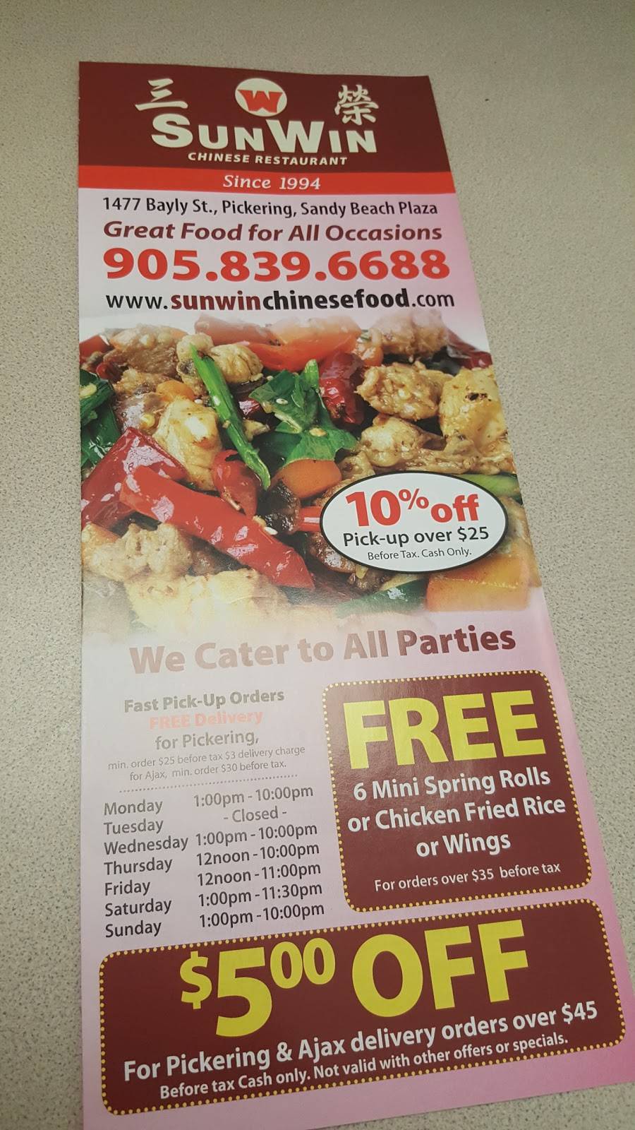 Sun Win Chinese Restaurant | restaurant | 1477 Bayly St, Pickering, ON L1W 1H6, Canada | 9058396688 OR +1 905-839-6688