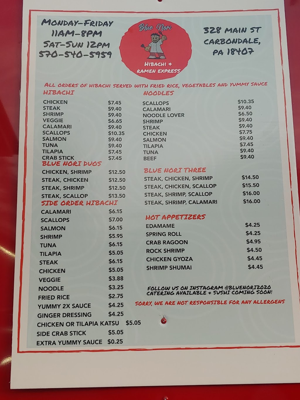 Blue nori hibachi and ramen japanese express | restaurant | 328 Main St, Carbondale, PA 18407, USA | 5705405959 OR +1 570-540-5959