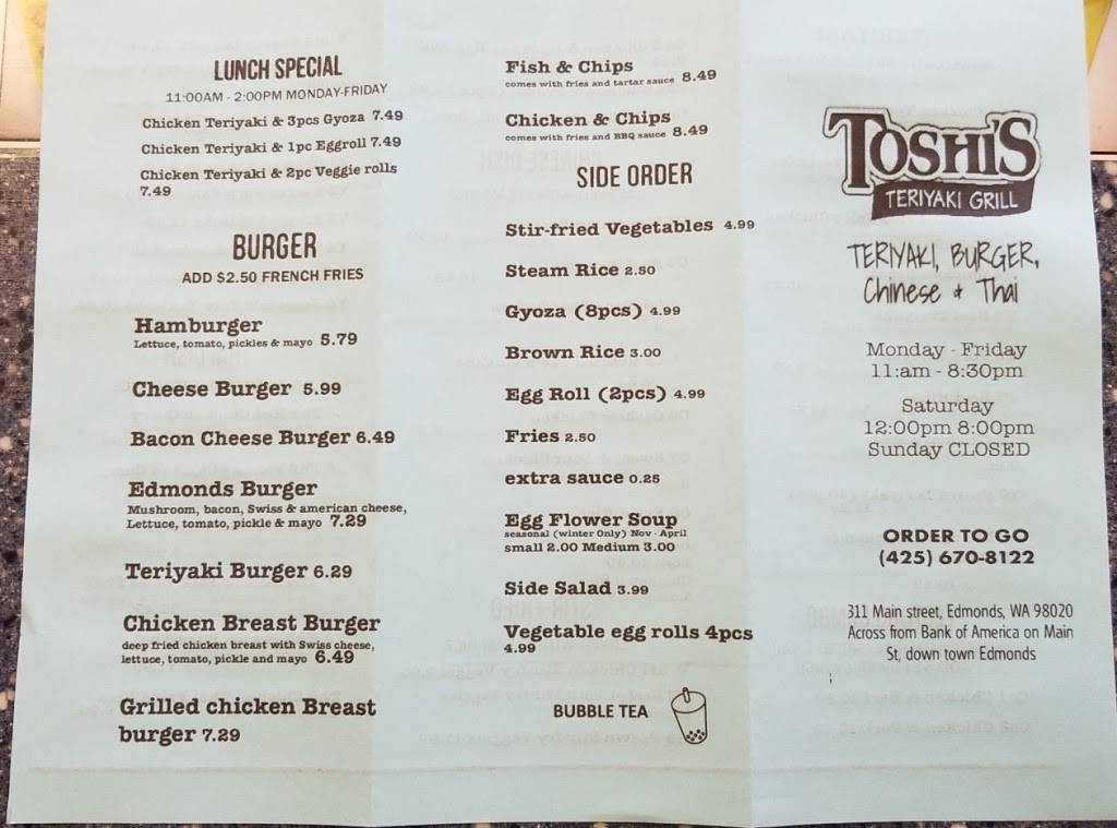 Toshis Teriyaki | restaurant | 311 Main St, Edmonds, WA 98020, USA | 4256708122 OR +1 425-670-8122