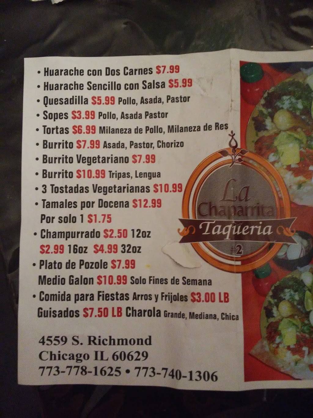 La Chaparrita Taqueria #2 | restaurant | 4559 S Richmond St, Chicago, IL 60632, USA | 7739401306 OR +1 773-940-1306