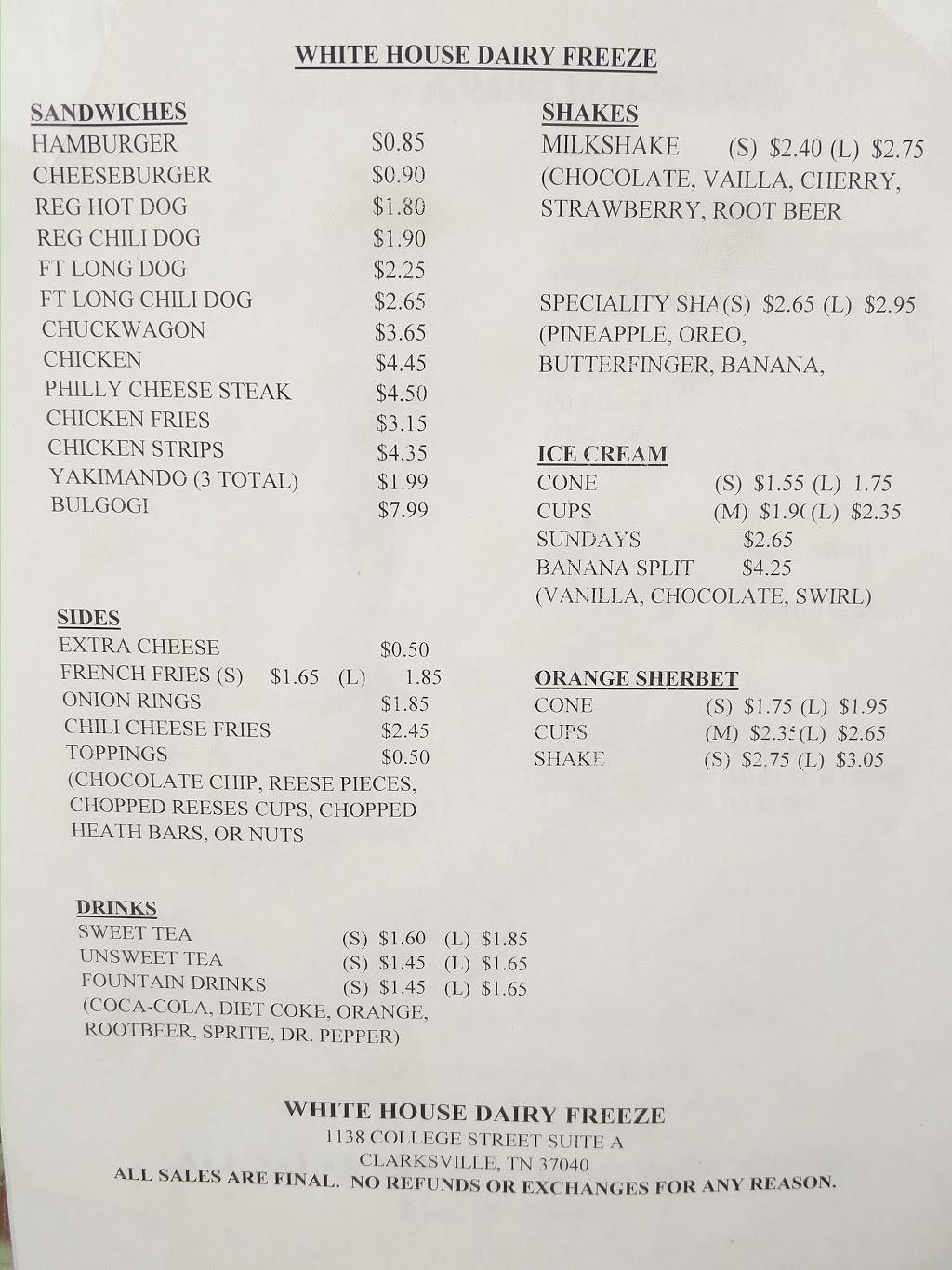 White House Dairy Freeze | restaurant | 1138 College St, Clarksville, TN 37040, USA | 9316452956 OR +1 931-645-2956