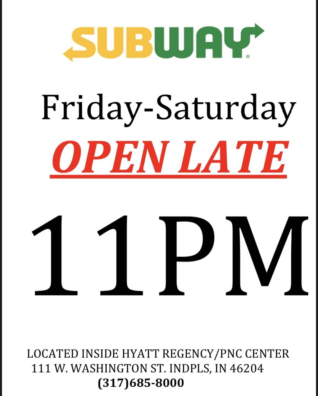 Subway | meal takeaway | 111 W Washington St Suite 171, Indianapolis, IN 46204, USA | 3176858000 OR +1 317-685-8000