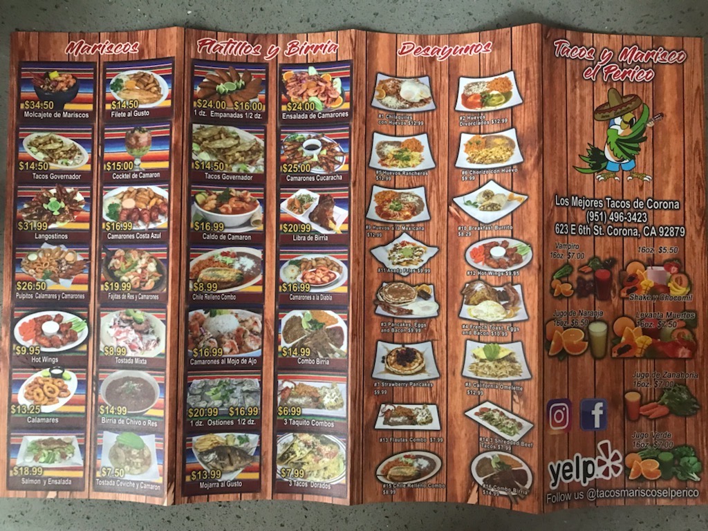 Tacos y Mariscos El Perico | restaurant | 623 E 6th St, Corona, CA 92879, USA | 9514963423 OR +1 951-496-3423