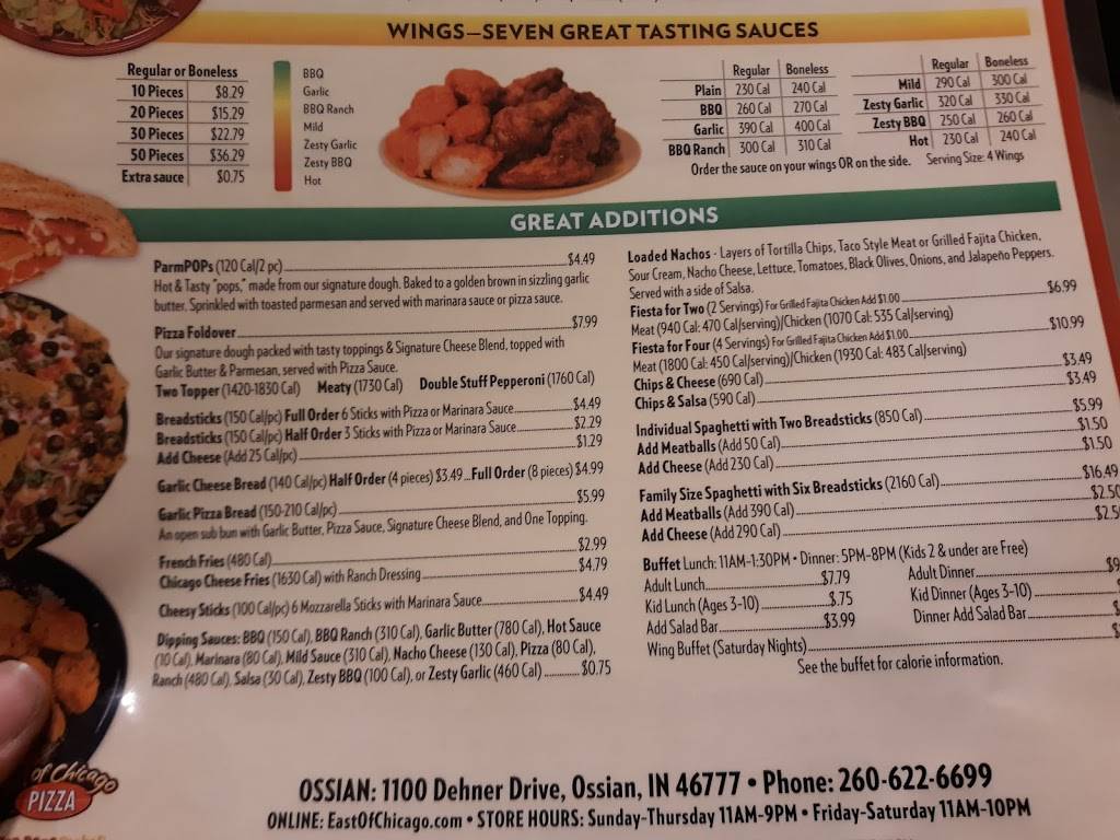 East of Chicago | restaurant | 1100 Dehner Dr, Ossian, IN 46777, USA | 2606226699 OR +1 260-622-6699