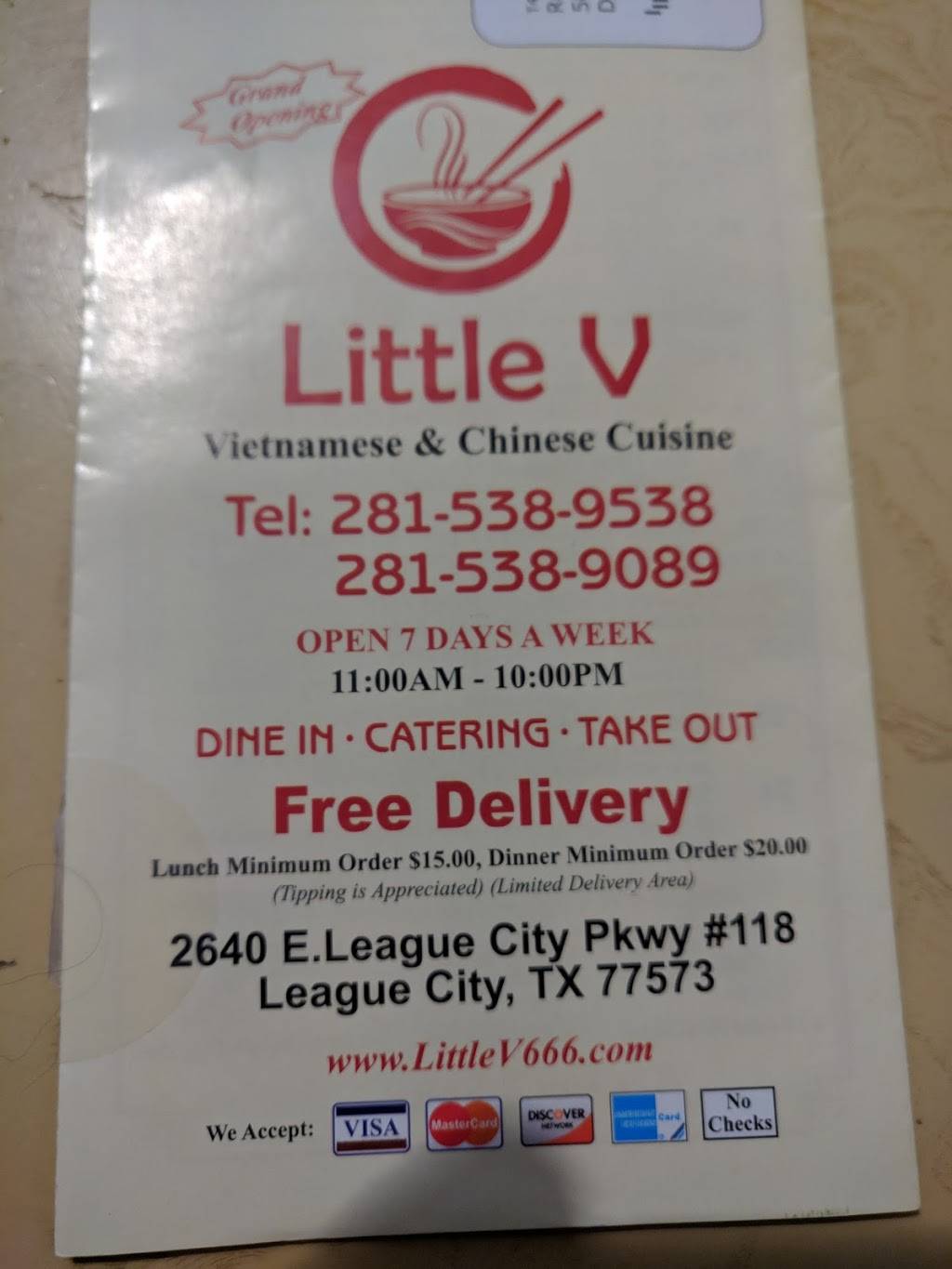 Little V Vietnamese and Chinese Cuisine | restaurant | 2640 E League City Pkwy #118, League City, TX 77573, USA | 2815389538 OR +1 281-538-9538