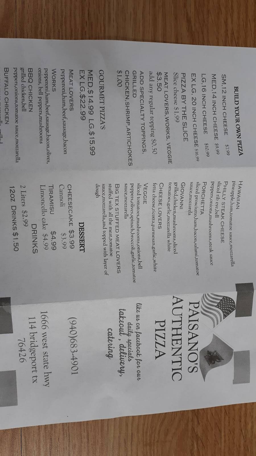 Paisanos authentic pizza | restaurant | 1666 TX-114, Bridgeport, TX 76426, USA | 9406834901 OR +1 940-683-4901