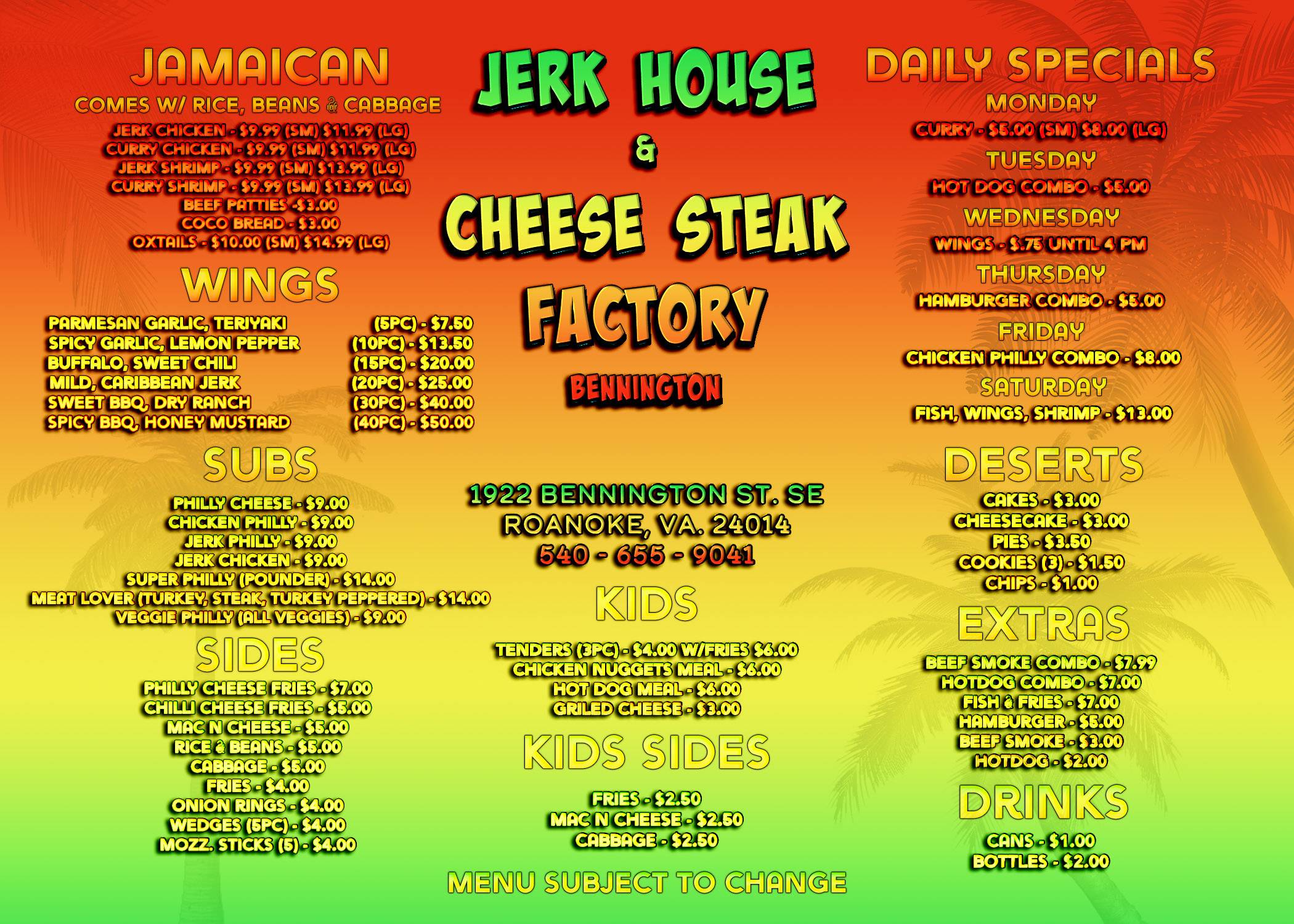Jerkhouse & Cheesesteak Factory Bennington | restaurant | 1922 Bennington St SE, Roanoke, VA 24014, United States | 5406559041 OR +1 540-655-9041