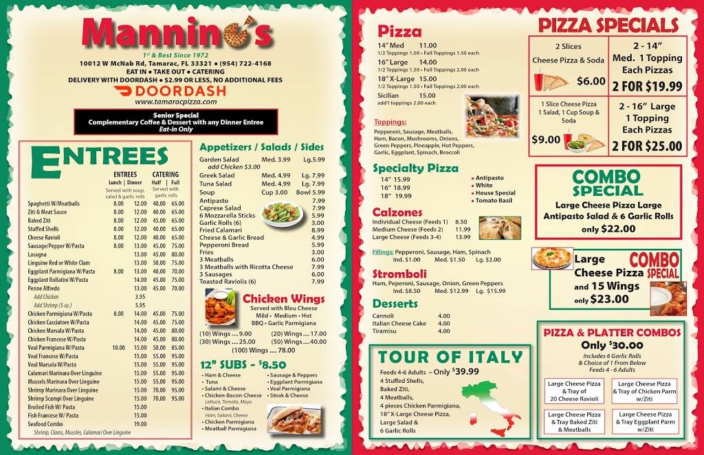 Manninos Italian Restaurant and Pizzeria | restaurant | 10012 W McNab Rd, Tamarac, FL 33321, USA | 9547224168 OR +1 954-722-4168