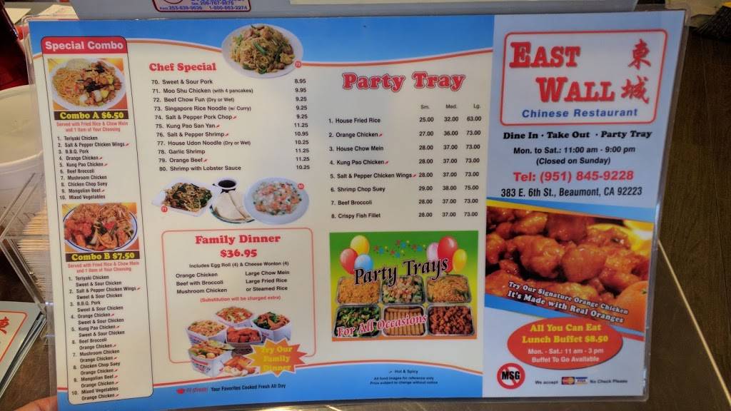 East Wall Chinese Restaurant | restaurant | 383 E 6th St, Beaumont, CA 92223, USA | 9518459228 OR +1 951-845-9228
