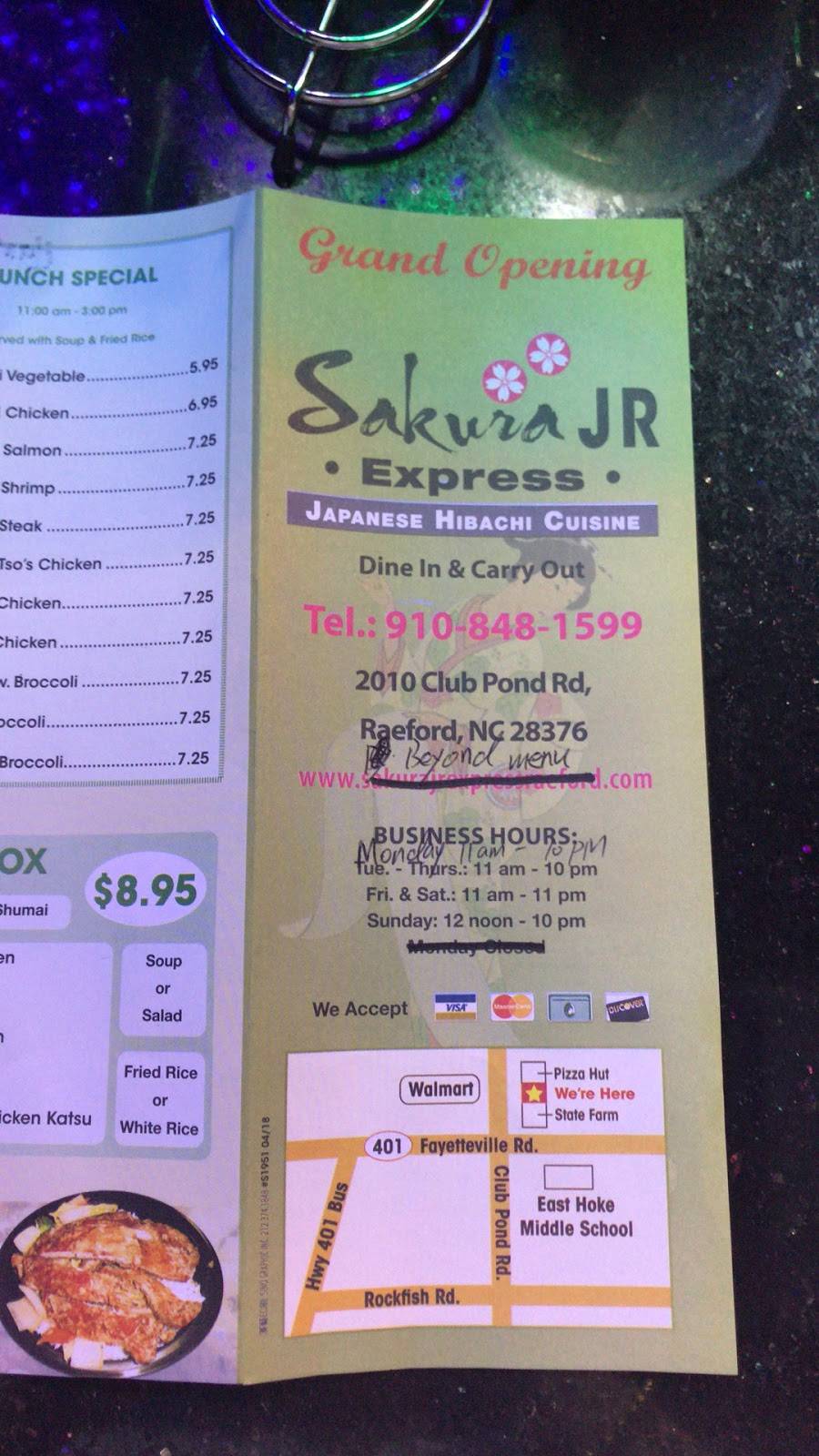 Sakura Jr Express | restaurant | 2010 Club Pond Rd, Raeford, NC 28376, USA | 9108481599 OR +1 910-848-1599