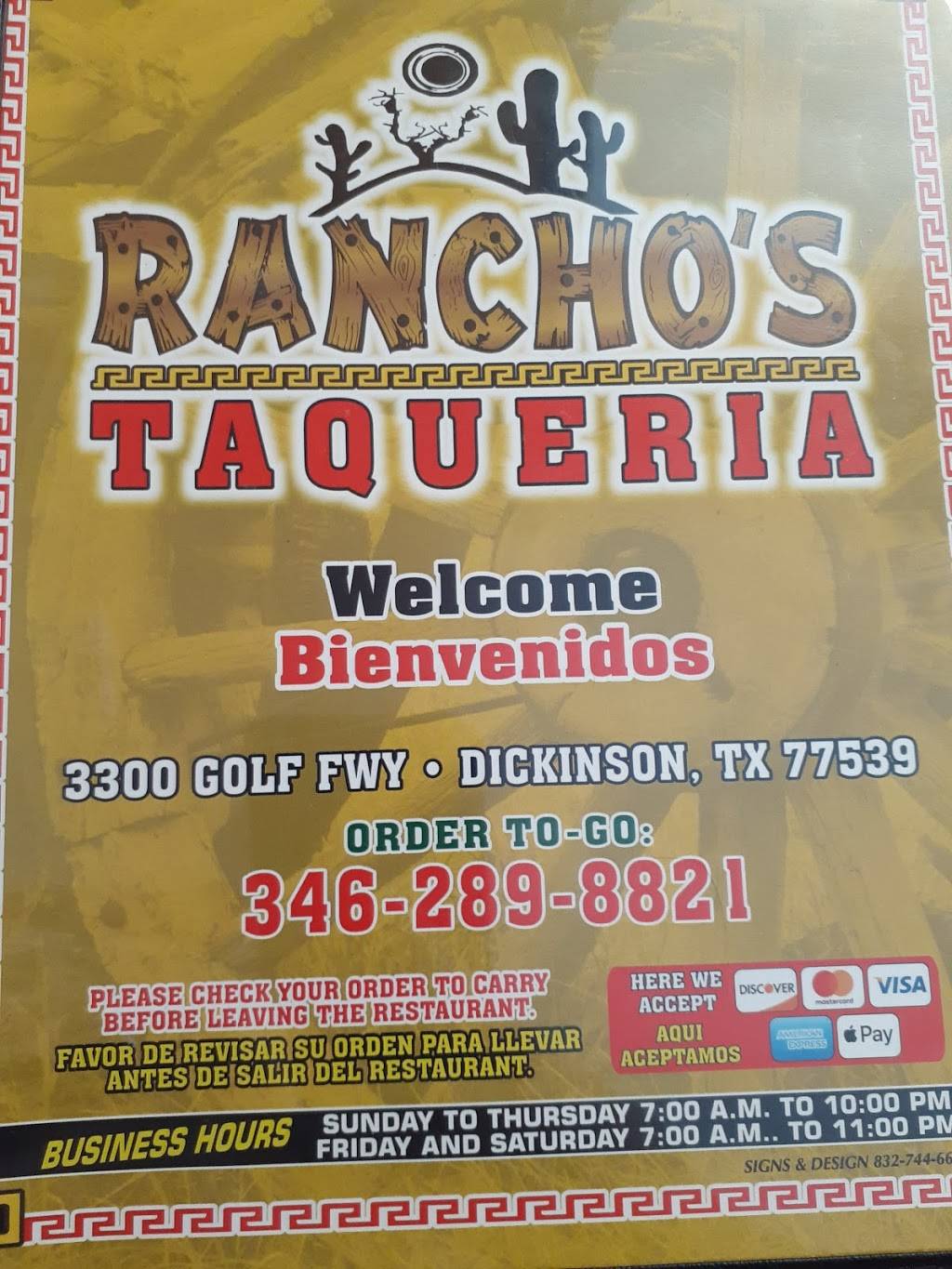 Ranchos Taqueria | restaurant | 3300 Gulf Fwy, Dickinson, TX 77539, USA | 3462898821 OR +1 346-289-8821