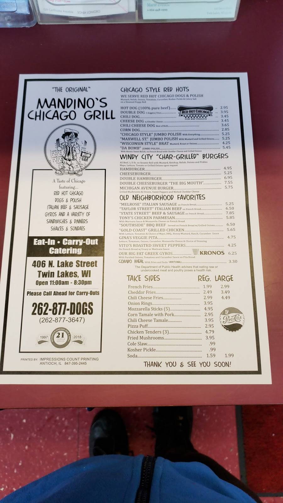 Mandinos | restaurant | 406 N Lake Ave, Twin Lakes, WI 53181, USA | 2628773647 OR +1 262-877-3647